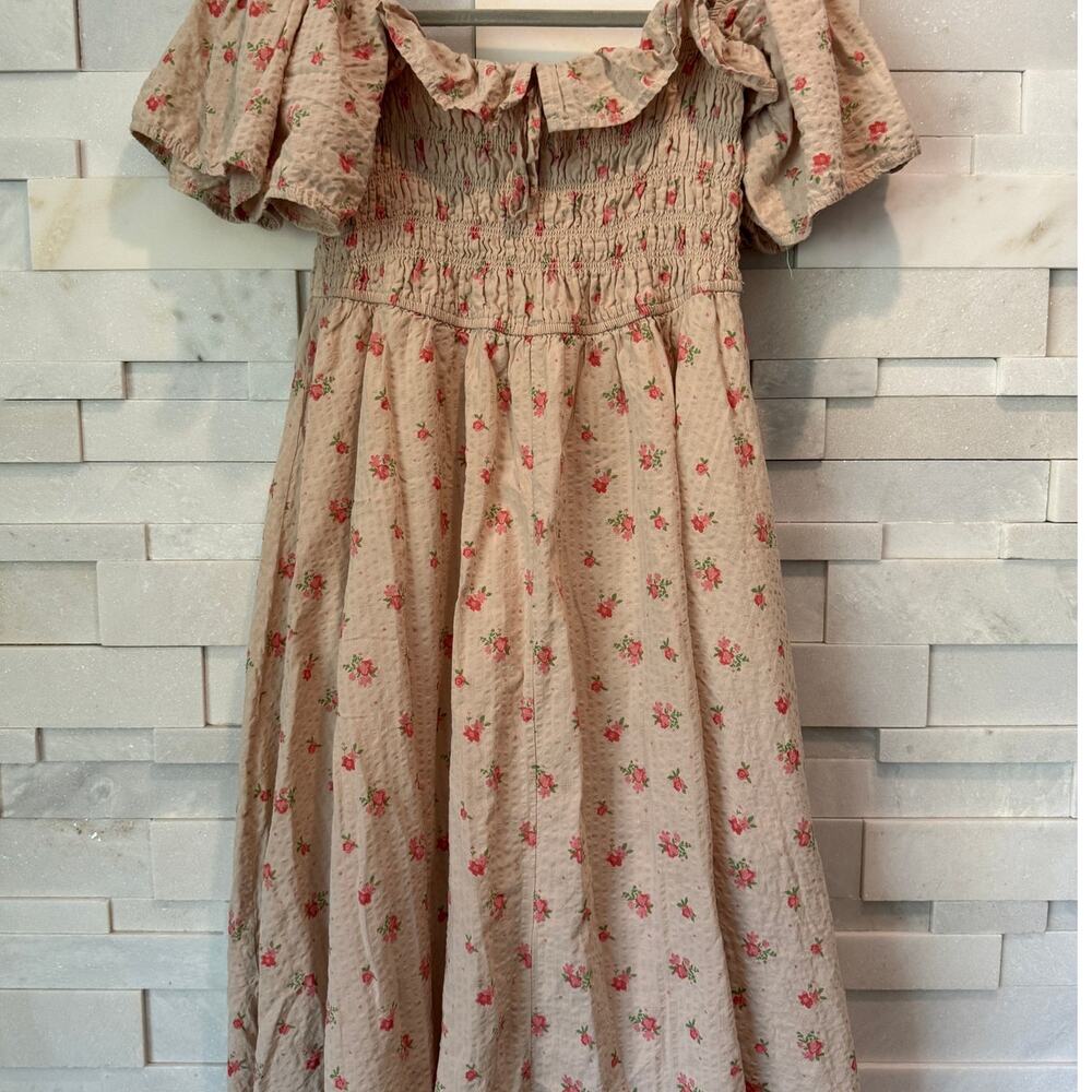 R VIVIMOS Cotton Floral Print Puff Sleeves Smocked Ruffles Midi Dress Beige XL - Picture 2 of 7